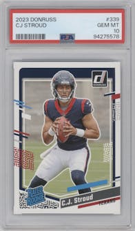 C.J. Stroud from the 2023 Panini Donruss set graded by PSA and given an overall grade of 10.