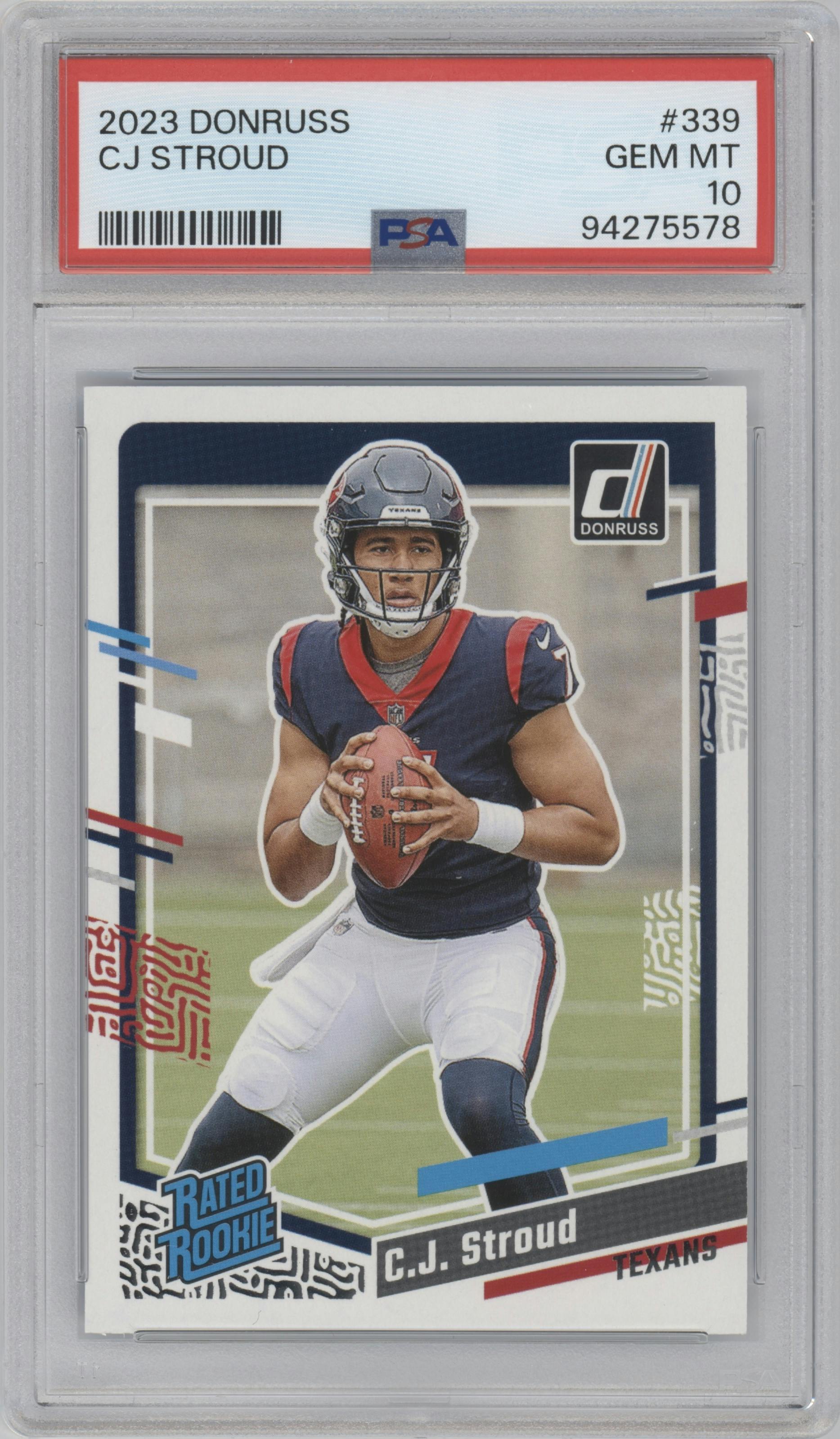 C.J. Stroud from the 2023 Panini Donruss set graded by PSA and given an overall grade of 10.
