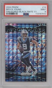 Bryce Young from the 2024 Panini Prizm set featuring a Black Finite Prizm parallel graded by PSA and given an overall grade of 9.