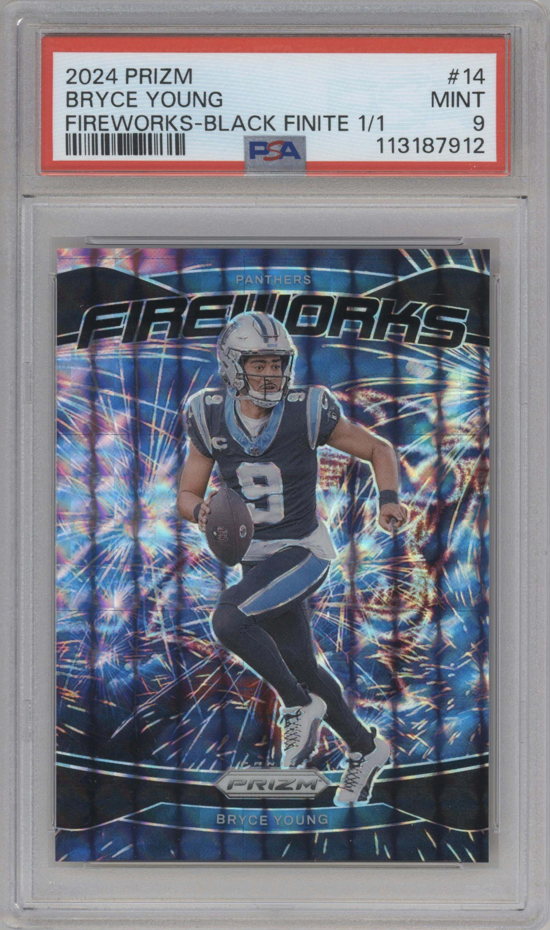 Bryce Young from the 2024 Panini Prizm set featuring a Black Finite Prizm parallel graded by PSA and given an overall grade of 9.