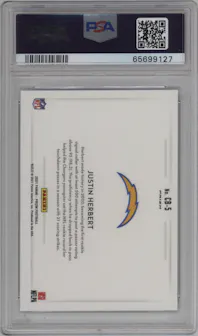 Justin Herbert from the 2021 Panini Prizm set graded by PSA and given an overall grade of 10.