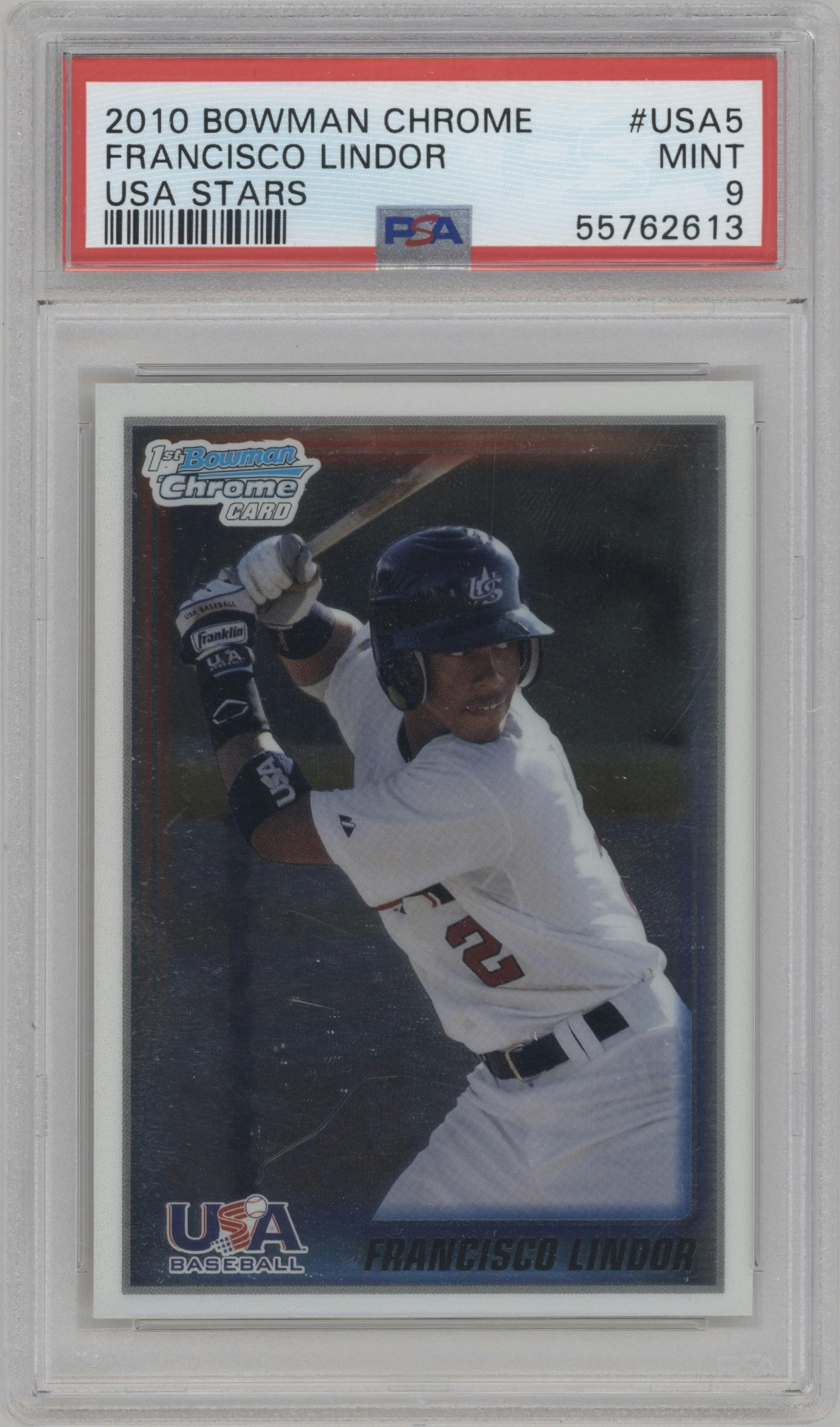 Francisco Lindor from the 2010 Bowman Chrome set graded by PSA and given an overall grade of 9.