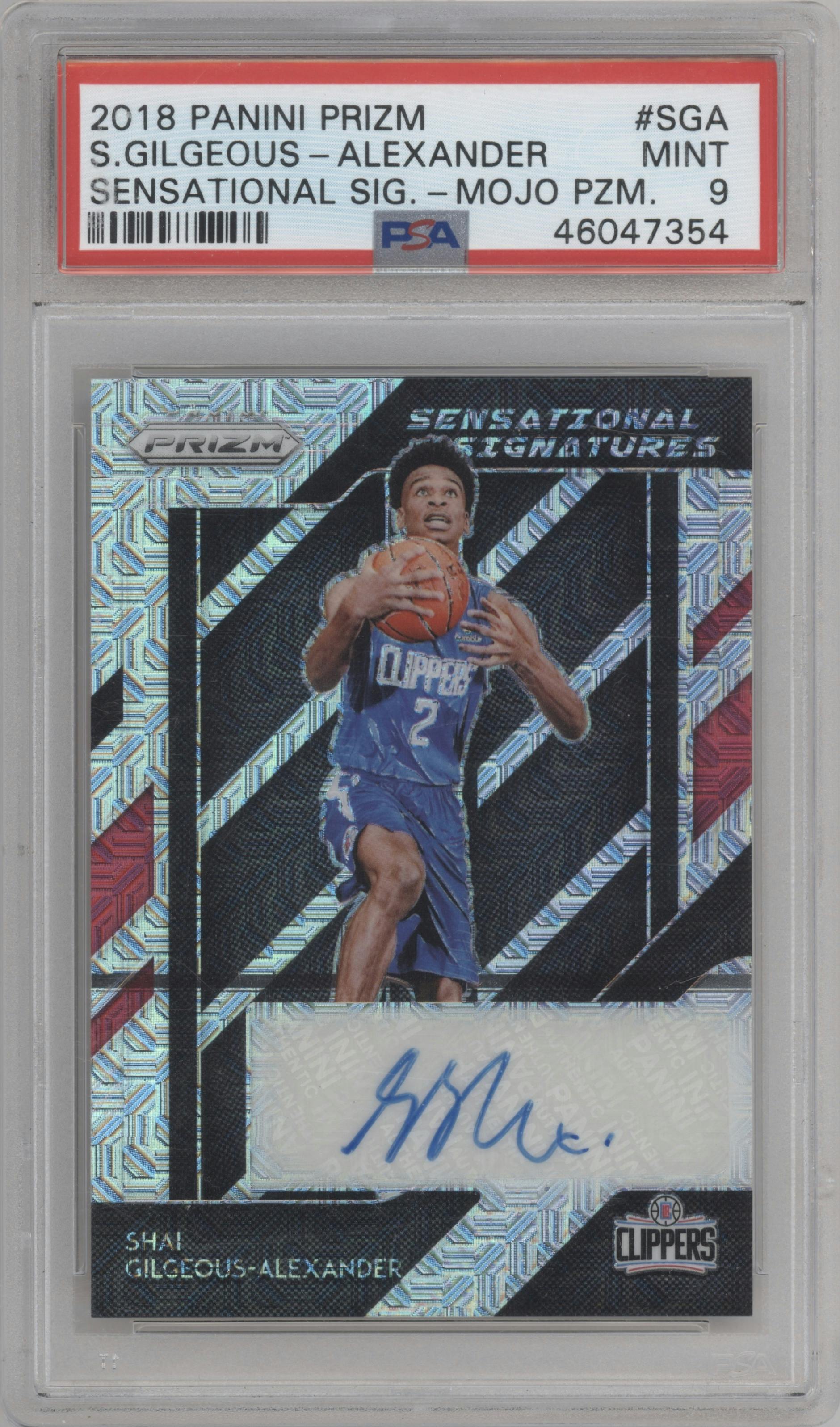 Shai Gilgeous-Alexander from the 2018-19 Panini Prizm set featuring a Mojo parallel graded by PSA and given an overall grade of 9.
