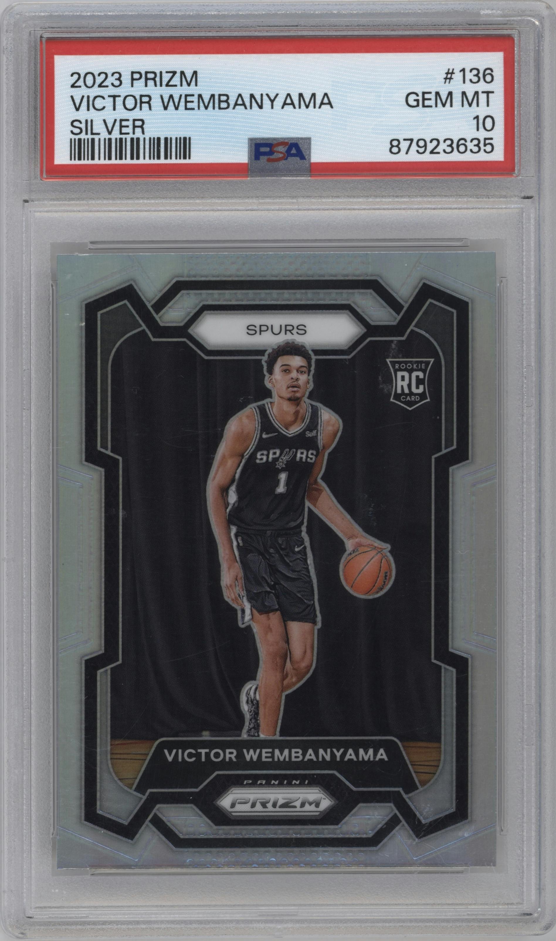 Victor Wembanyama from the 2023-24 Panini Prizm set featuring a Silver Prizm  parallel graded by PSA and given an overall grade of 10.