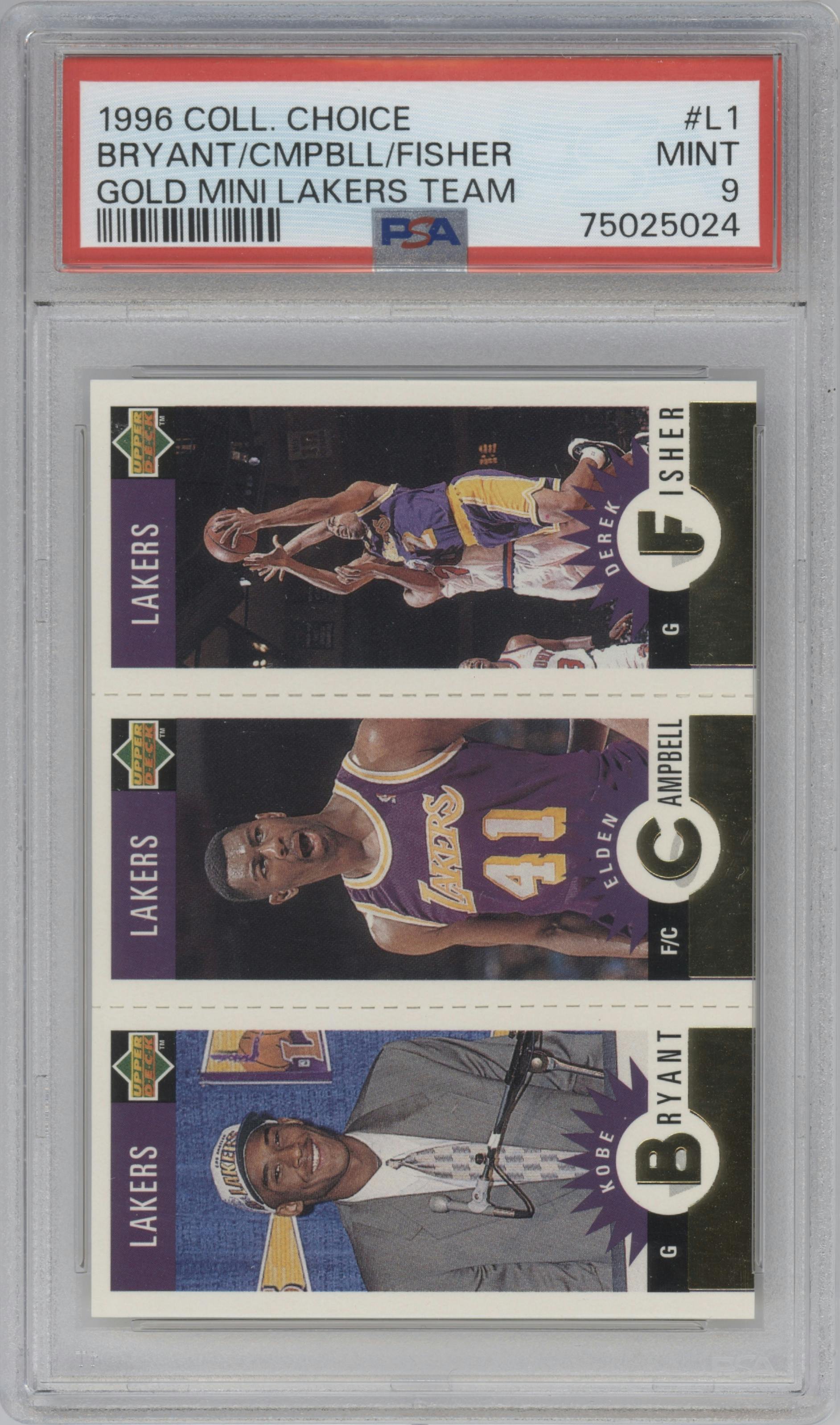 Kobe Bryant/Elden Campbell/Derek Fisher from the 1996-97 Upper Deck Collector's Choice Los Angeles Lakers set graded by PSA and given an overall grade of 9.