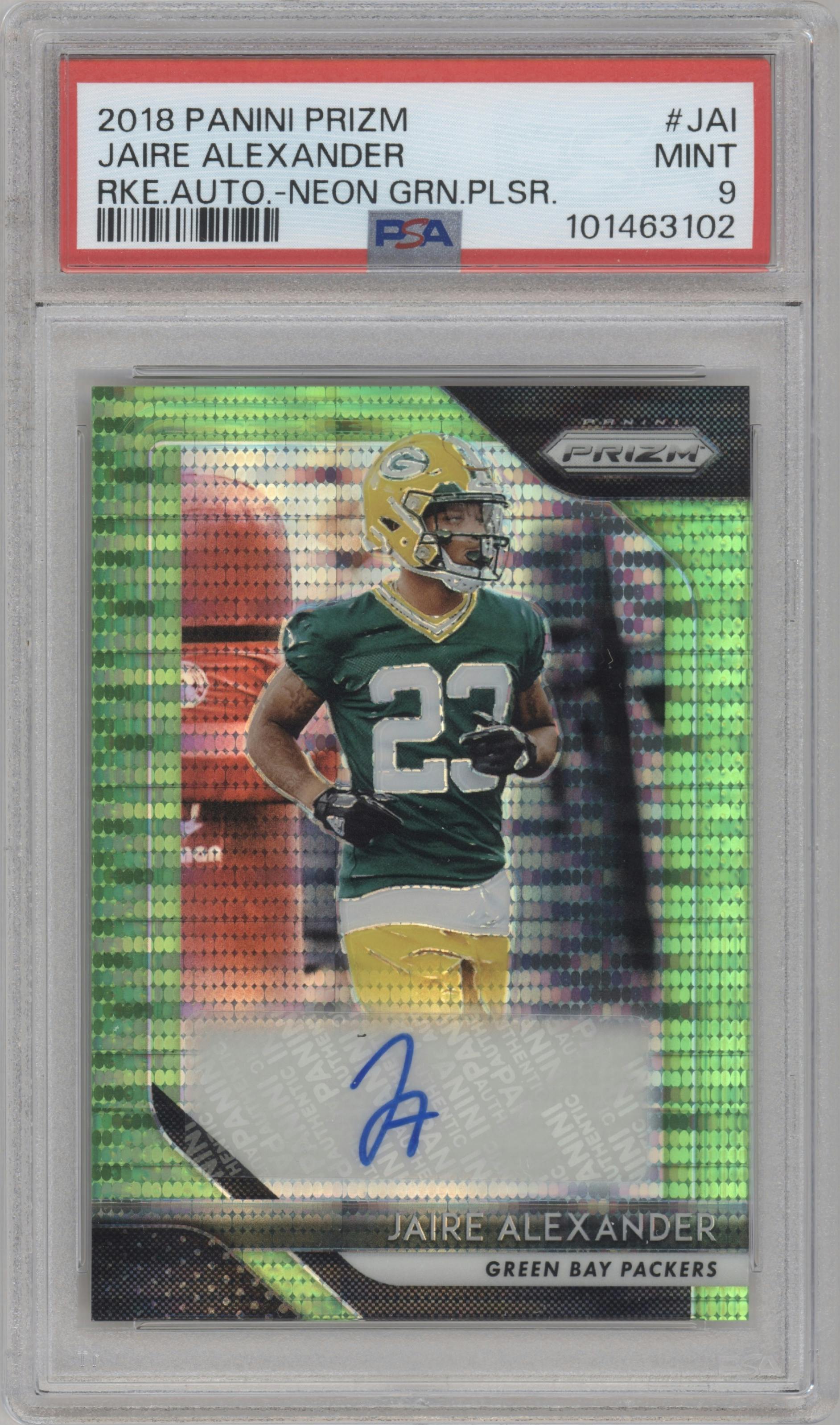 Jaire Alexander from the 2018 Panini Prizm set featuring a Neon Green Pulsar parallel graded by PSA and given an overall grade of 9.