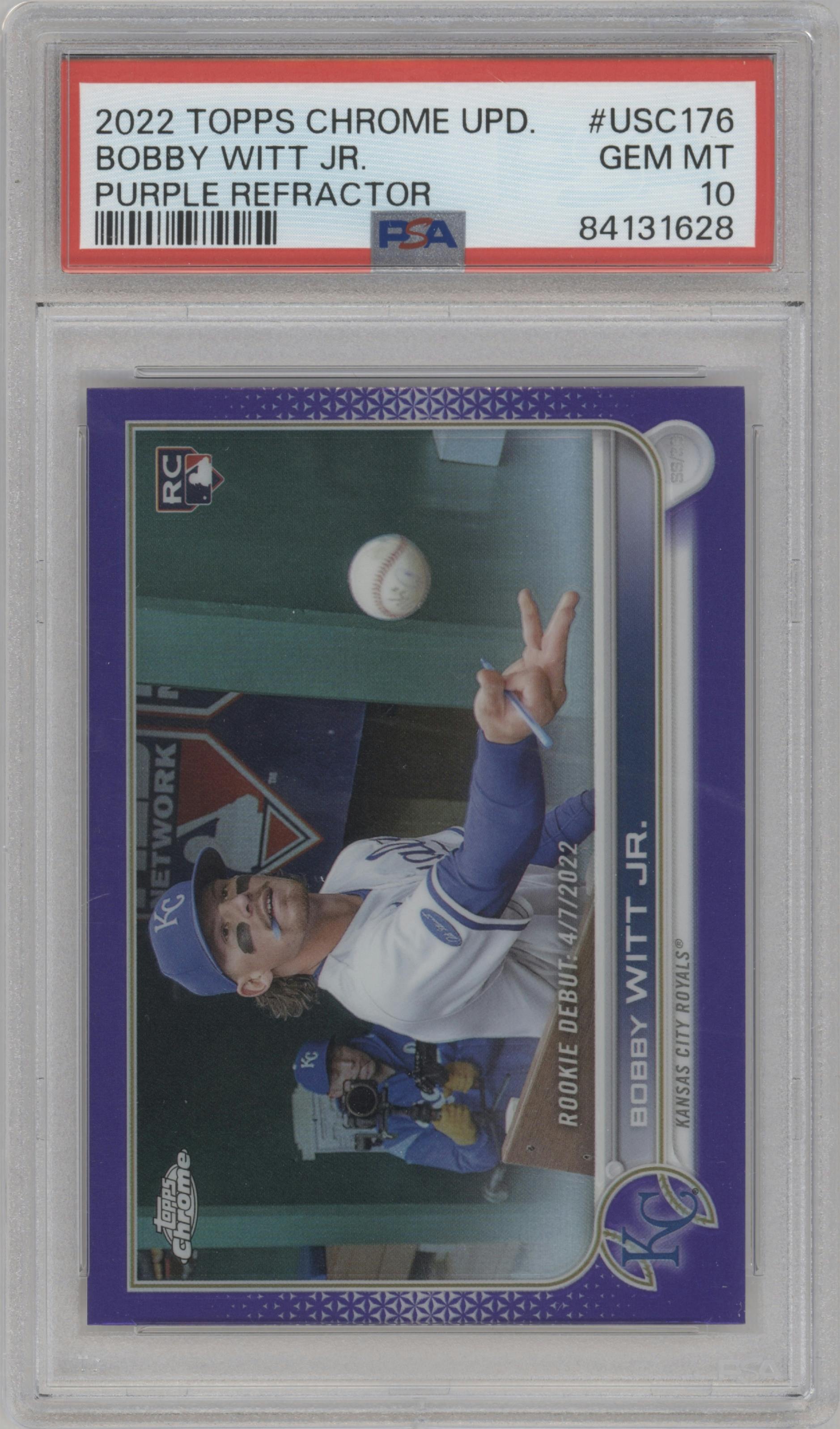 Bobby Witt Jr. from the 2022 Topps Chrome Update set featuring a Purple Refractor parallel graded by PSA and given an overall grade of 10.