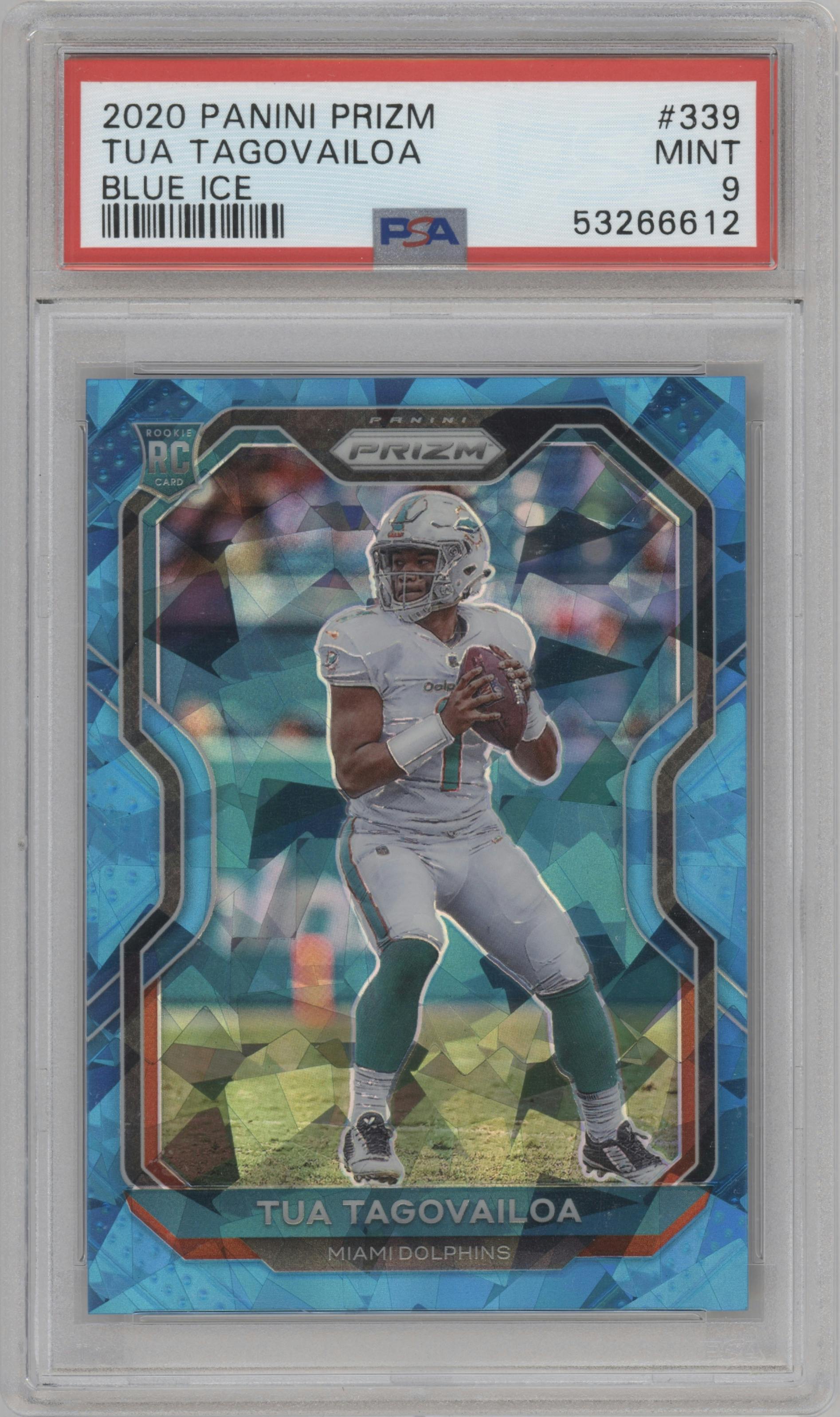 Tua Tagovailoa from the 2020 Panini Prizm set featuring a Blue Ice parallel graded by PSA and given an overall grade of 9.