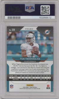 Tua Tagovailoa from the 2020 Panini Prizm set featuring a Blue Ice parallel graded by PSA and given an overall grade of 9.
