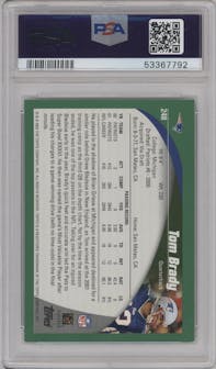 Tom Brady from the 2002 Topps set graded by PSA and given an overall grade of 9.