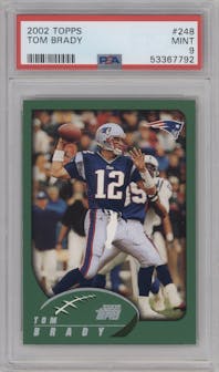 Tom Brady from the 2002 Topps set graded by PSA and given an overall grade of 9.