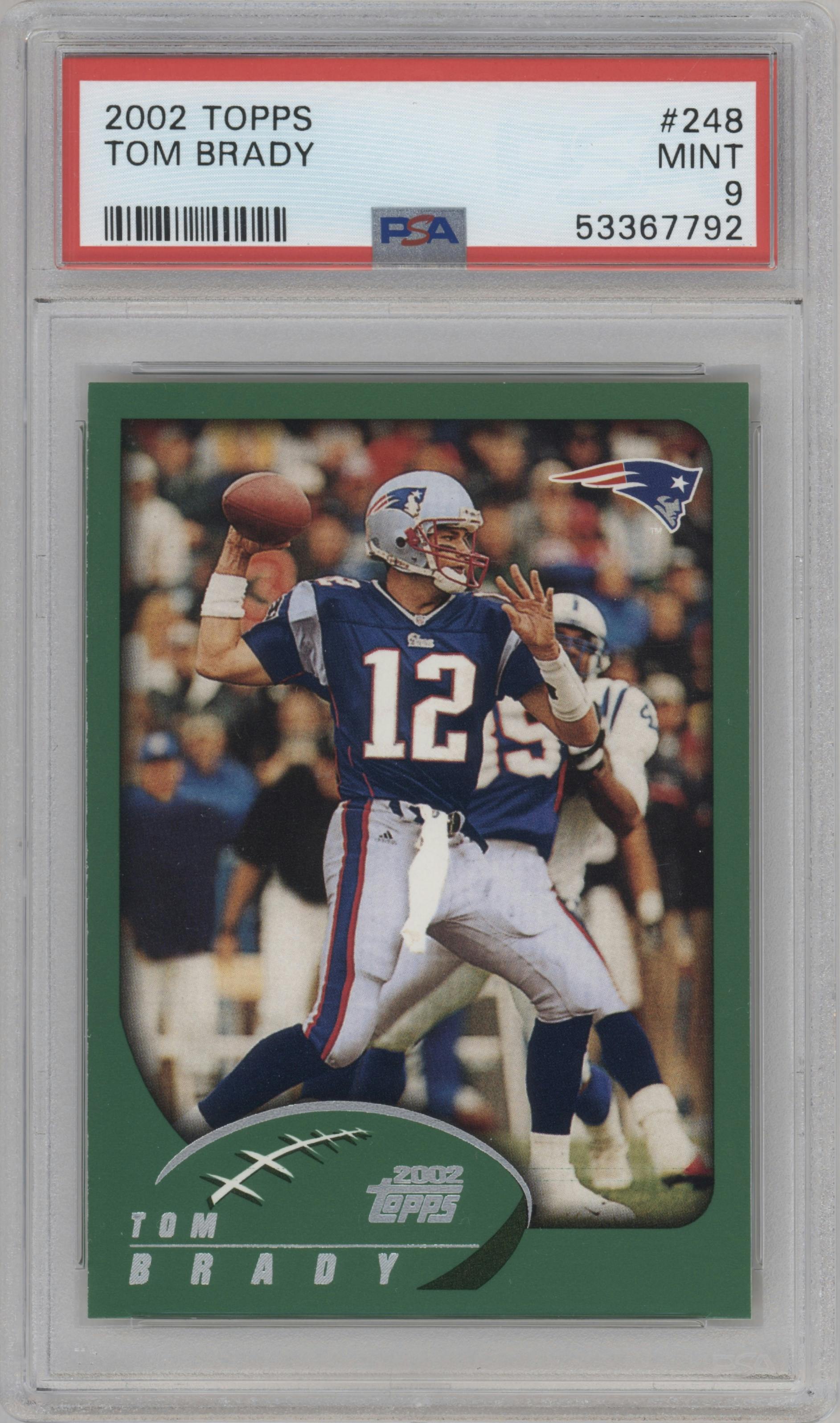 Tom Brady from the 2002 Topps set graded by PSA and given an overall grade of 9.