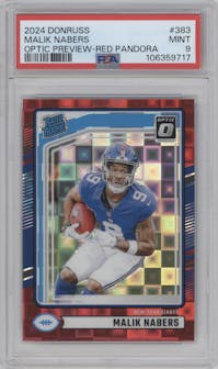 Malik Nabers from the 2024 Donruss set featuring a Red Pandora parallel graded by PSA and given an overall grade of 9.