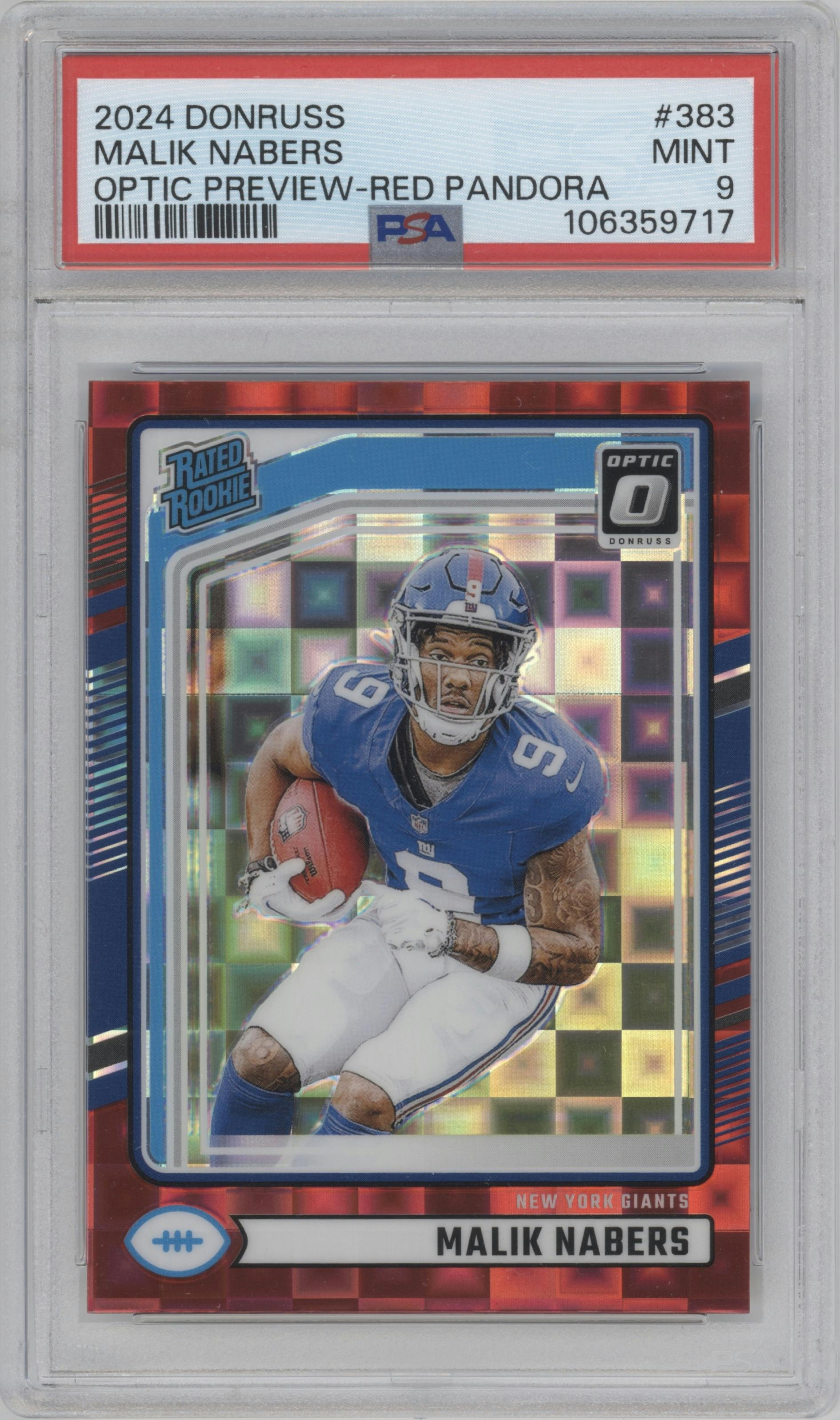 Malik Nabers from the 2024 Donruss set featuring a Red Pandora parallel graded by PSA and given an overall grade of 9.