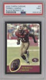Terrell Owens from the 2003 Topps Chrome set featuring a Black Refractor parallel graded by PSA and given an overall grade of 9.