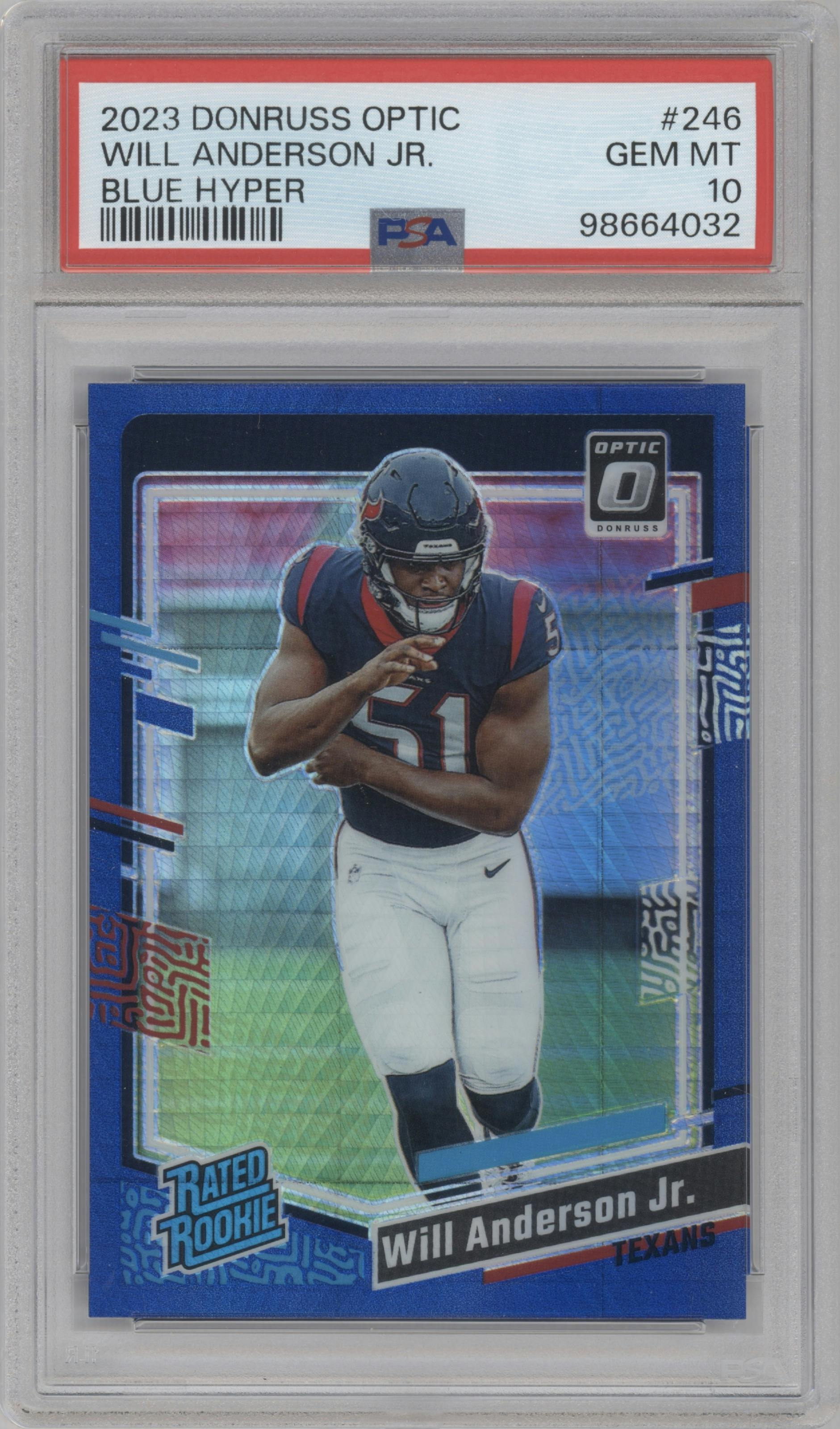 Will Anderson Jr. from the 2023 Donruss Optic set featuring a Hyper Blue parallel graded by PSA and given an overall grade of 10.
