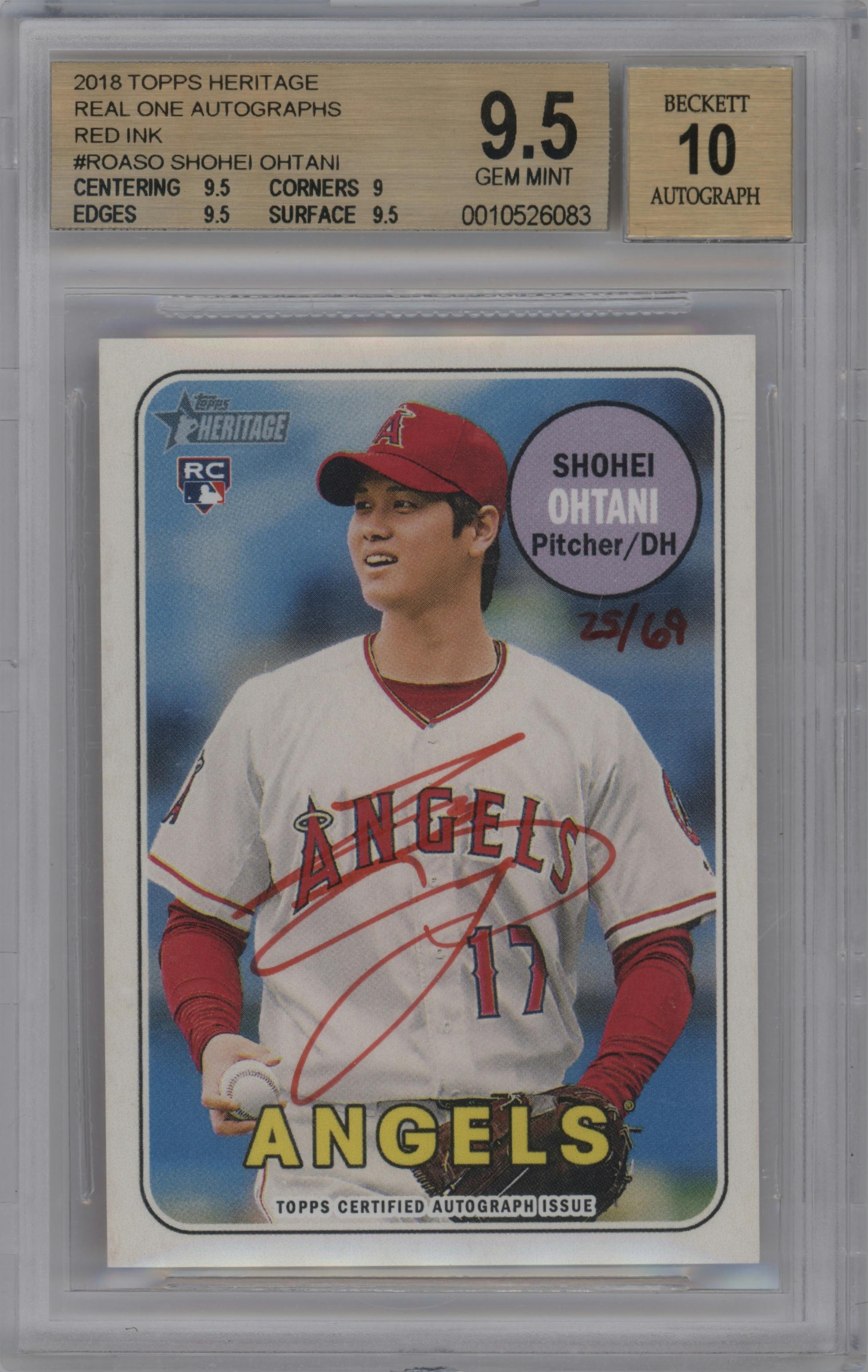 Shohei Ohtani from the 2018 Topps Heritage set featuring a Special Edition Red Ink  parallel graded by Beckett and given an overall grade of 9.5.