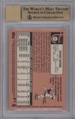 Shohei Ohtani from the 2018 Topps Heritage set featuring a Special Edition Red Ink  parallel graded by Beckett and given an overall grade of 9.5.