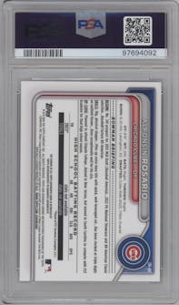 Alfonsin Rosario from the 2024 Bowman set featuring a Green Refractor parallel graded by PSA and given an overall grade of 10.