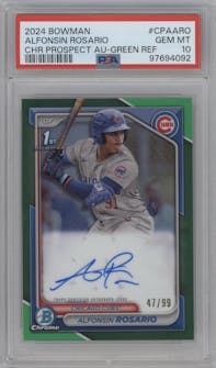 Alfonsin Rosario from the 2024 Bowman set featuring a Green Refractor parallel graded by PSA and given an overall grade of 10.