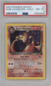 Dark Charizard from the 2000 Pokemon set graded by PSA and given an overall grade of 8.