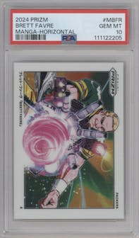 Brett Favre from the 2024 Panini Prizm set graded by PSA and given an overall grade of 10.