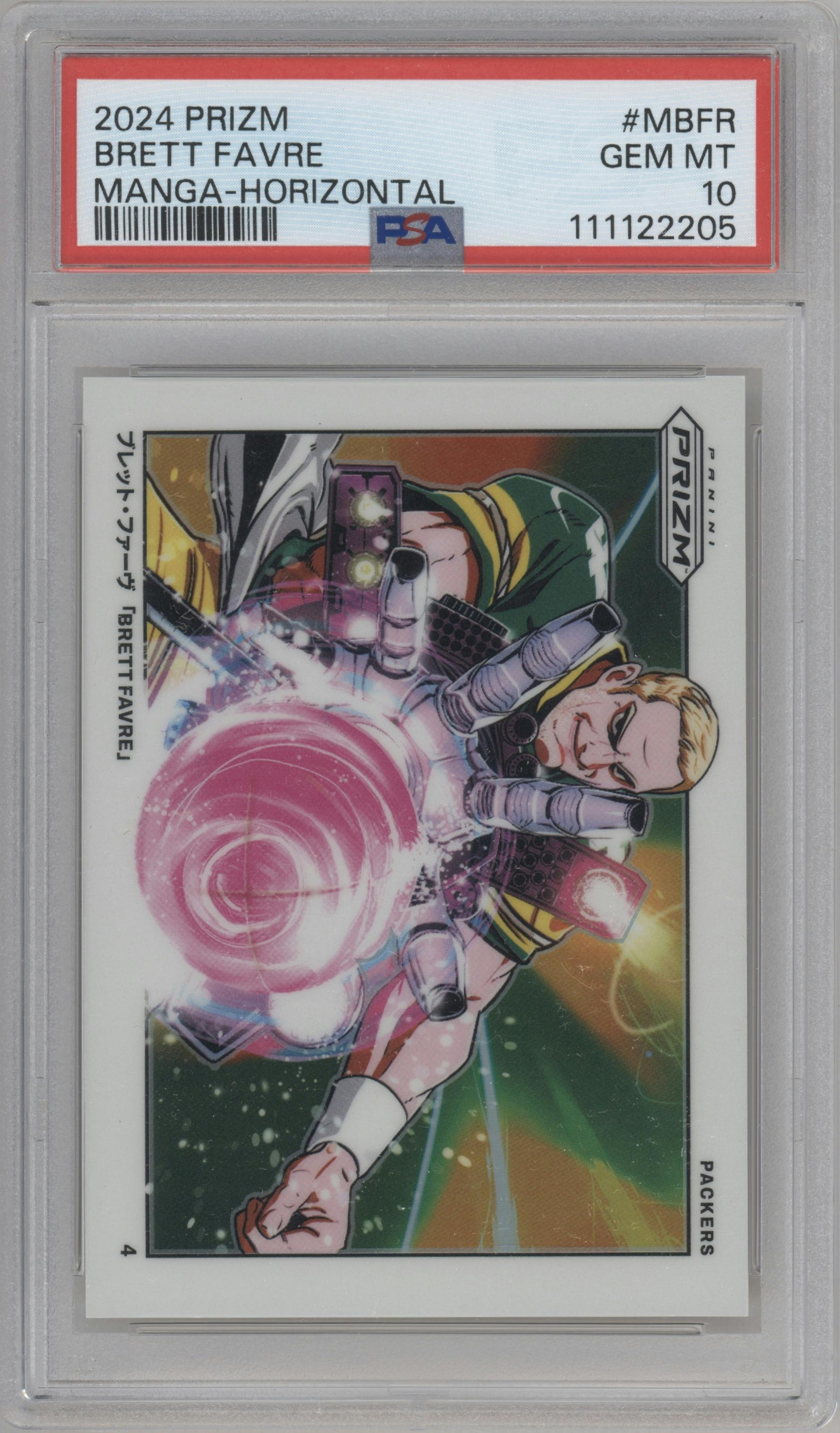 Brett Favre from the 2024 Panini Prizm set graded by PSA and given an overall grade of 10.