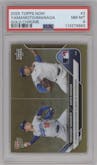 Yoshinobu Yamamoto/Shota Imanaga from the 2025 Topps Now set featuring a Gold Chrome  parallel graded by PSA and given an overall grade of 8.