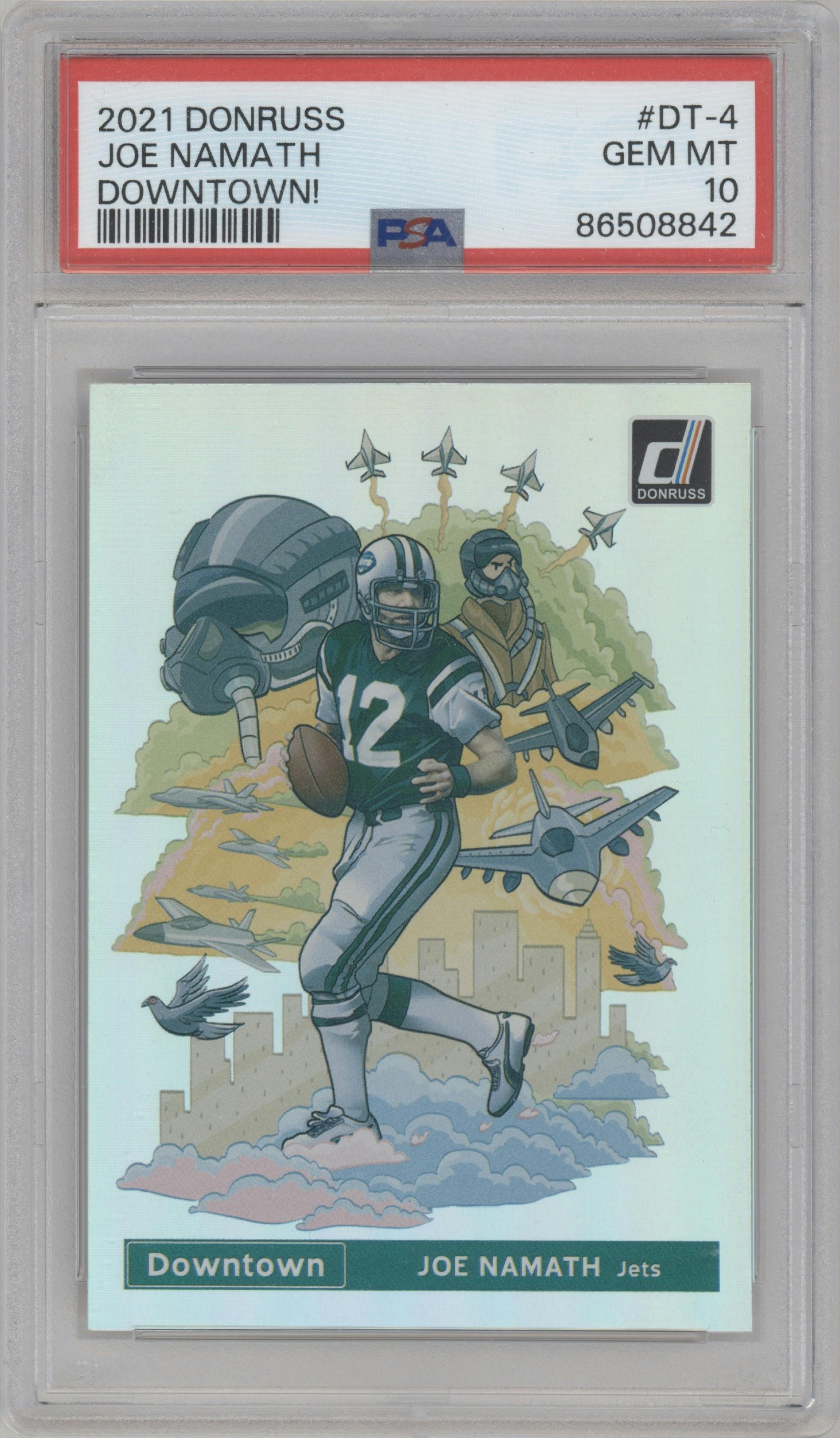 Joe Namath from the 2021 Panini Donruss set graded by PSA and given an overall grade of 10.