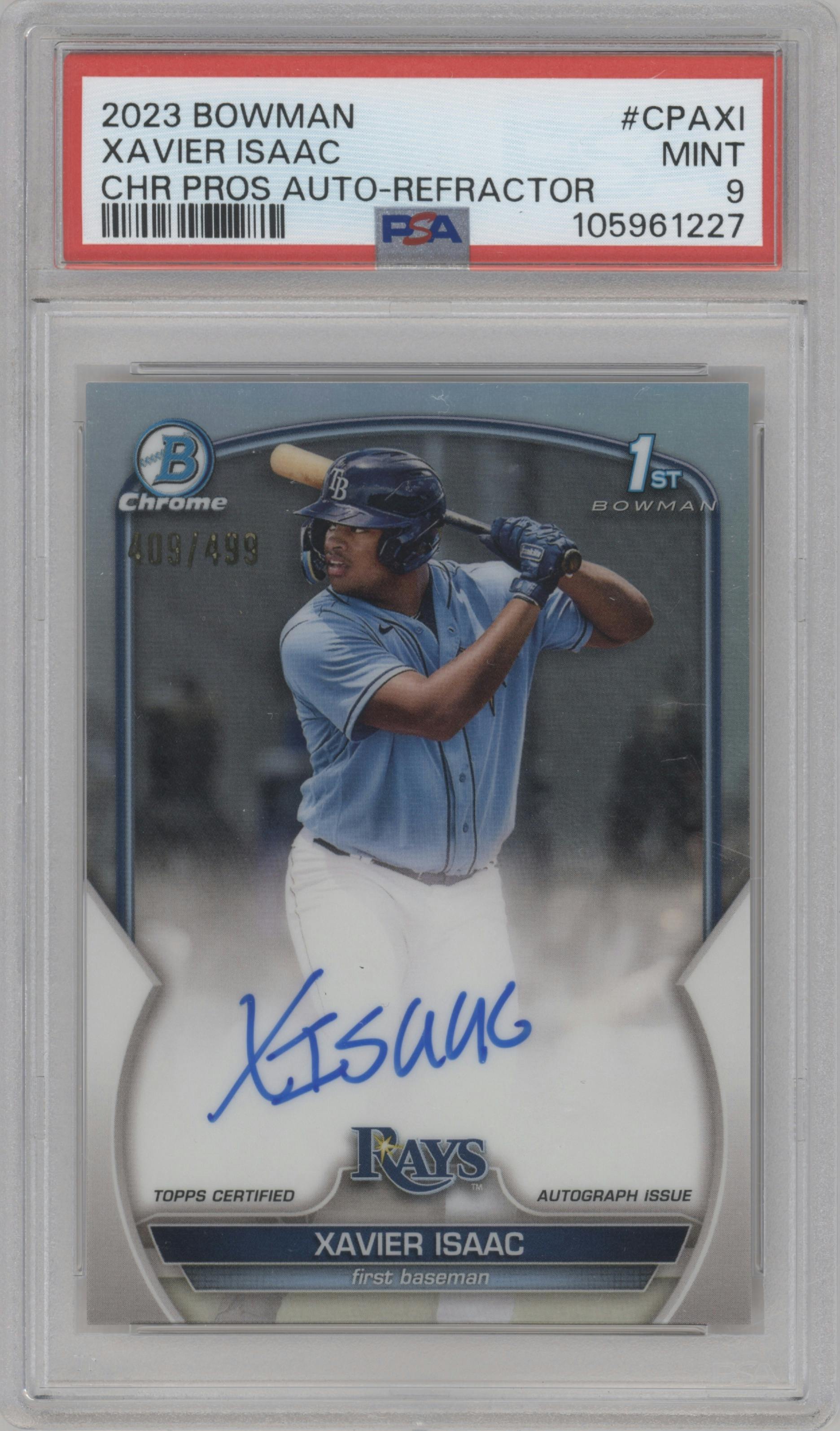 Xavier Isaac from the 2023 Bowman  set featuring a Refractor parallel graded by PSA and given an overall grade of 9.