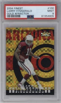 Larry Fitzgerald from the 2004 Topps Finest set featuring a Uncirculated Gold Xfractor parallel graded by PSA and given an overall grade of 9.