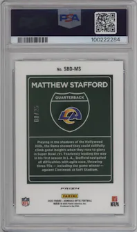 Matthew Stafford from the 2022 Panini Donruss Optic set featuring a Black Pandora parallel graded by PSA and given an overall grade of 10.