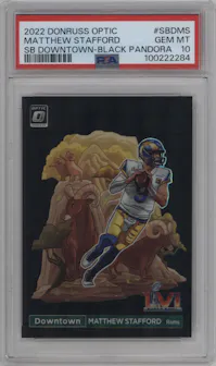Matthew Stafford from the 2022 Panini Donruss Optic set featuring a Black Pandora parallel graded by PSA and given an overall grade of 10.