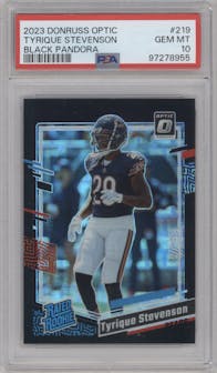 Tyrique Stevenson from the 2023 Donruss Optic set featuring a Black Pandora parallel graded by PSA and given an overall grade of 10.