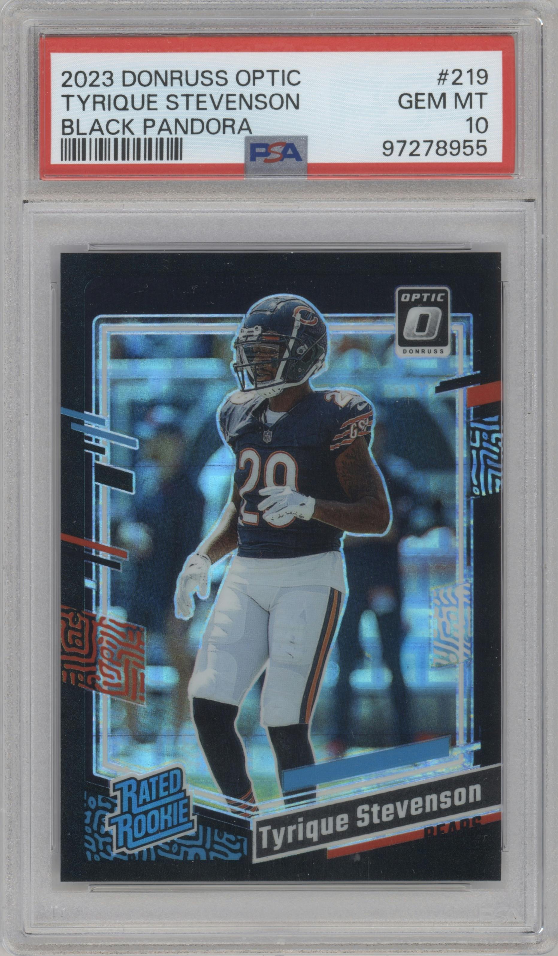 Tyrique Stevenson from the 2023 Donruss Optic set featuring a Black Pandora parallel graded by PSA and given an overall grade of 10.