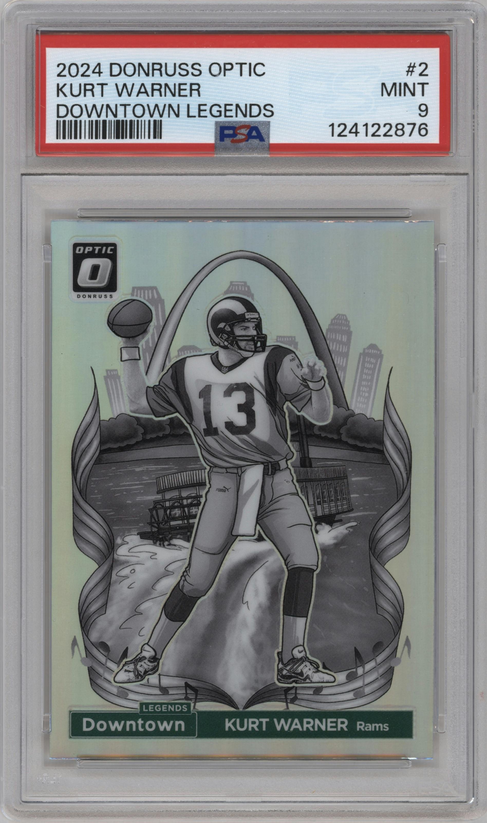 Kurt Warner from the 2024 Donruss Optic set graded by PSA and given an overall grade of 9.