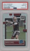 Brock Purdy from the 2022 Panini Donruss set featuring a Holo parallel graded by PSA and given an overall grade of 10.