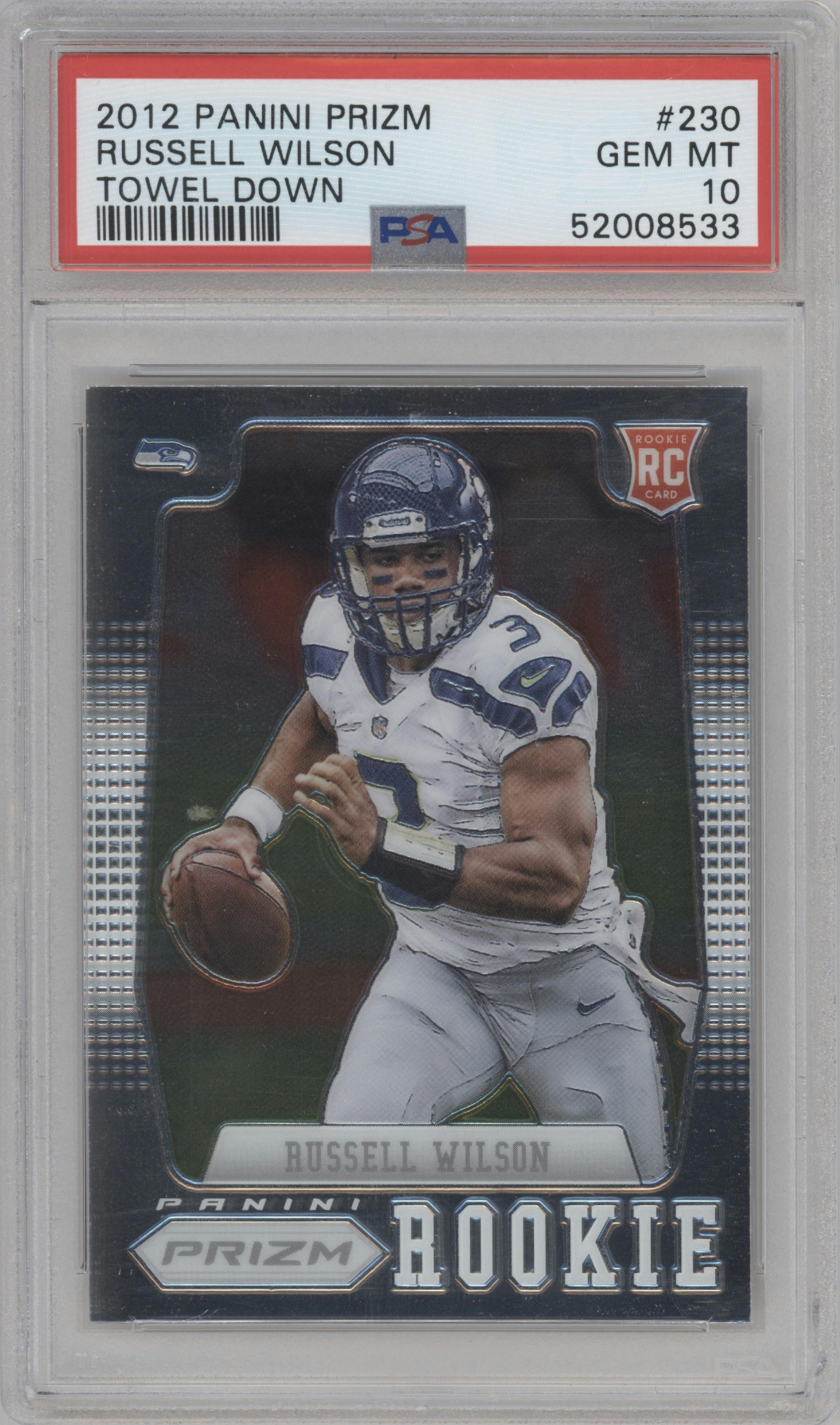Russell Wilson from the 2012 Panini Prizm set graded by PSA and given an overall grade of 10.