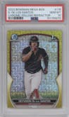 Deyvison De Los Santos from the 2023 Bowman Mega Box set featuring a Yellow Refractor parallel graded by PSA and given an overall grade of 10.