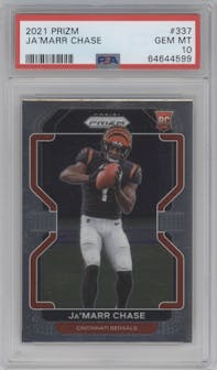 Ja'Marr Chase from the 2021 Panini Prizm set graded by PSA and given an overall grade of 10.