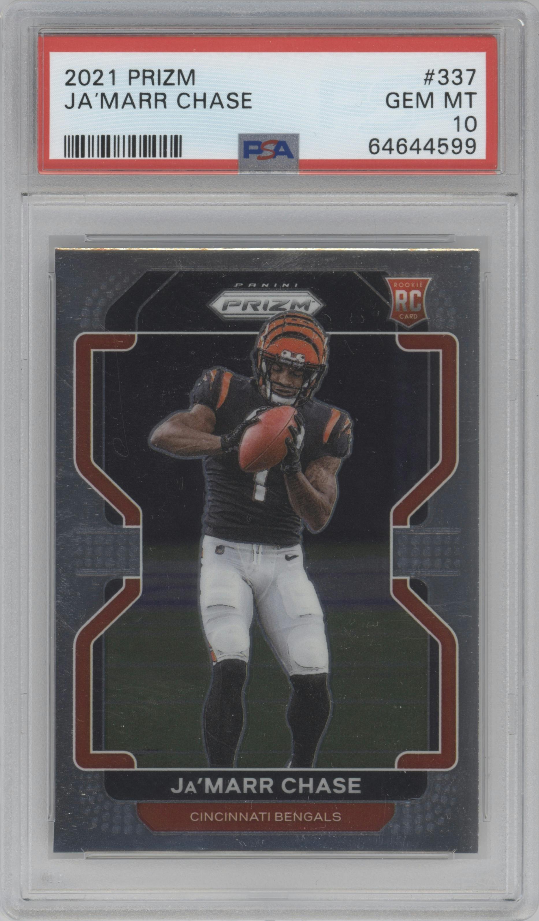 Ja'Marr Chase from the 2021 Panini Prizm set graded by PSA and given an overall grade of 10.