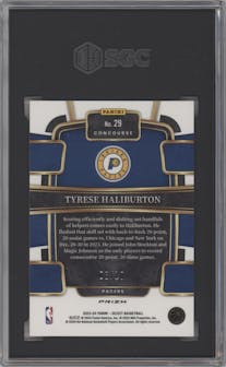 Tyrese Haliburton from the 2023-24 Panini Select  set featuring a Gold Disco parallel graded by SGC and given an overall grade of 10.