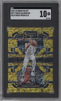Tyrese Haliburton from the 2023-24 Panini Select  set featuring a Gold Disco parallel graded by SGC and given an overall grade of 10.