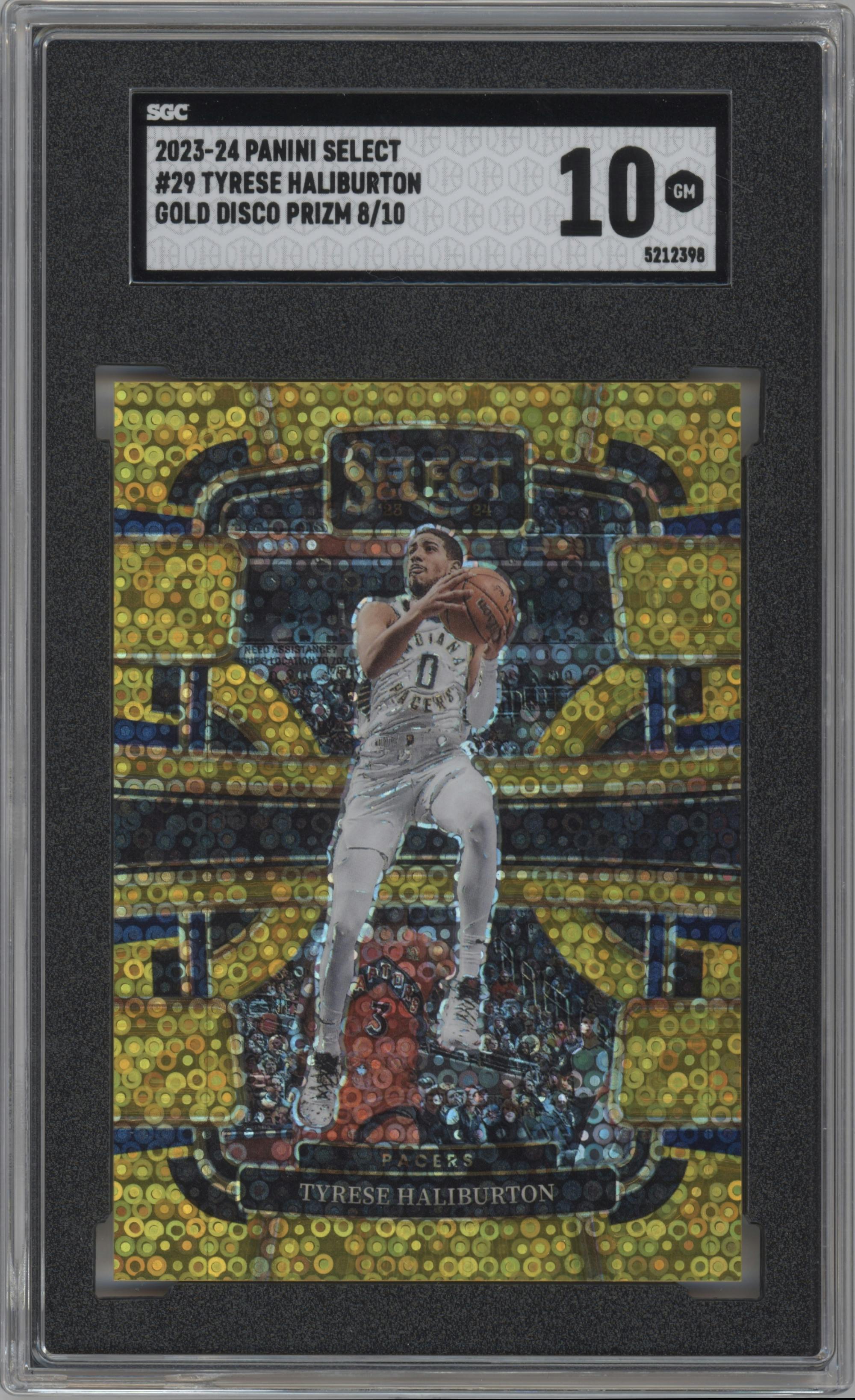 Tyrese Haliburton from the 2023-24 Panini Select  set featuring a Gold Disco parallel graded by SGC and given an overall grade of 10.