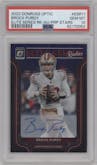 Brock Purdy from the 2022 Panini Donruss Optic set featuring a Purple Stars FOTL parallel graded by PSA and given an overall grade of 10.