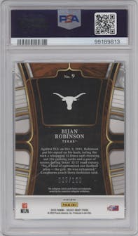 Bijan Robinson from the 2023 Panini Select Draft Picks set featuring a Black & Gold Squares parallel graded by PSA and given an overall grade of 10.