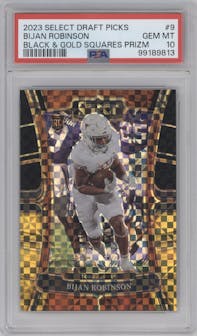 Bijan Robinson from the 2023 Panini Select Draft Picks set featuring a Black & Gold Squares parallel graded by PSA and given an overall grade of 10.