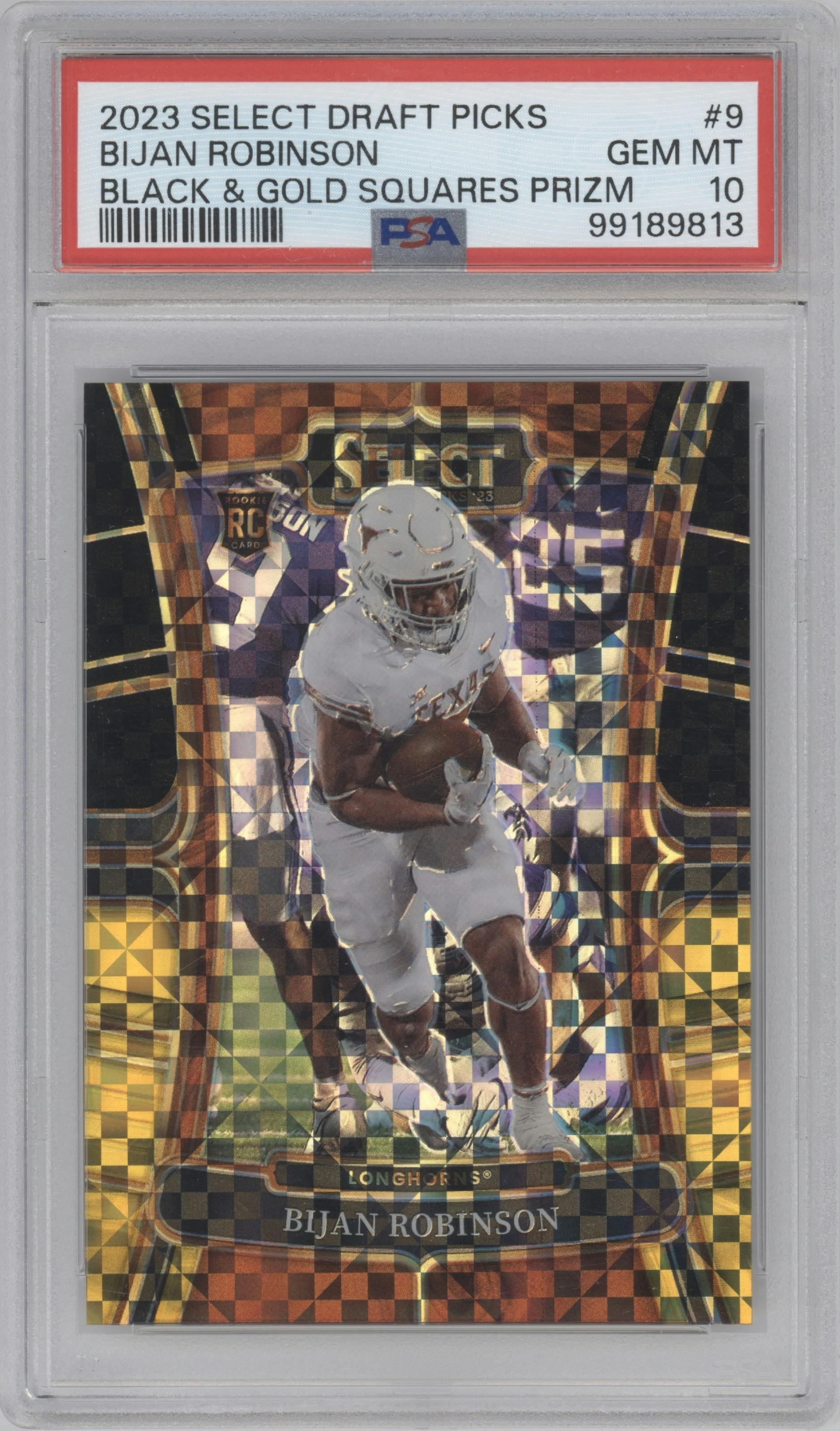 Bijan Robinson from the 2023 Panini Select Draft Picks set featuring a Black & Gold Squares parallel graded by PSA and given an overall grade of 10.