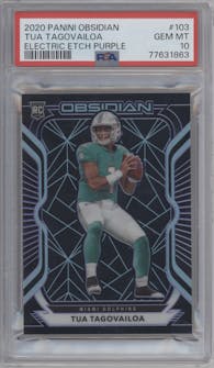 Tua Tagovailoa from the 2020 Panini Obsidian set featuring a Electric Etch Purple parallel graded by PSA and given an overall grade of 10.