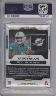 Tua Tagovailoa from the 2020 Panini Obsidian set featuring a Electric Etch Purple parallel graded by PSA and given an overall grade of 10.